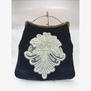 Vintage Black Velvet Evening Clutch Bag Lace Pearl Sequin Gold Frame Kiss Lock